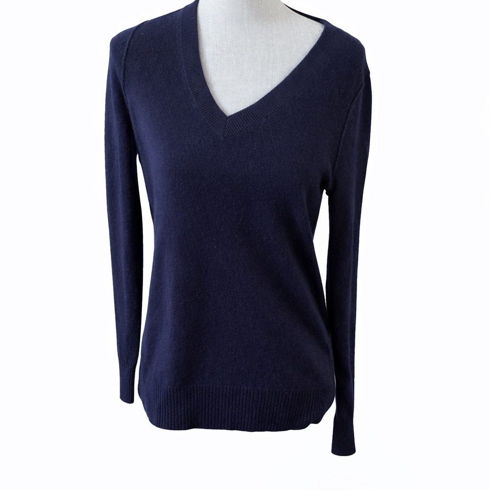 AQUA 100% Cashmere Navy Blue V-Neck Pullover Sweater Size S